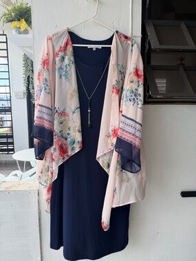 Women’s Navy Midi Dress with Floral Pink Kimono